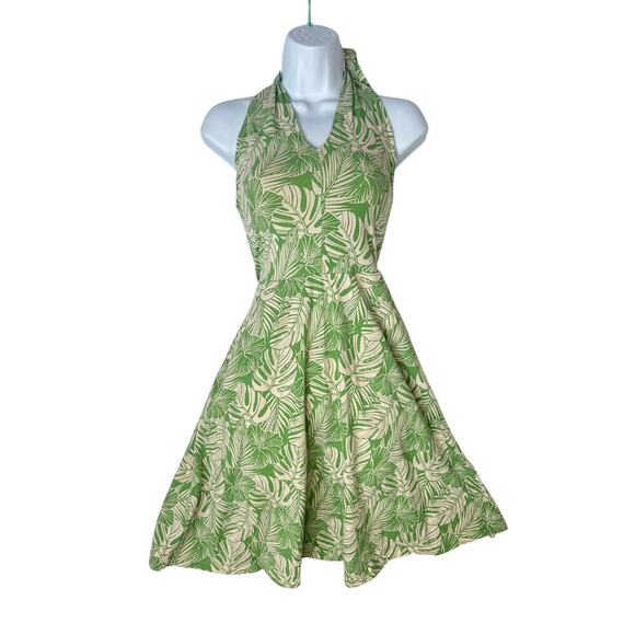 Pact Dresses & Skirts - Pact Organic Cotton Sage Green Halter Neck Dress Tropical Monstera Leaf sz S